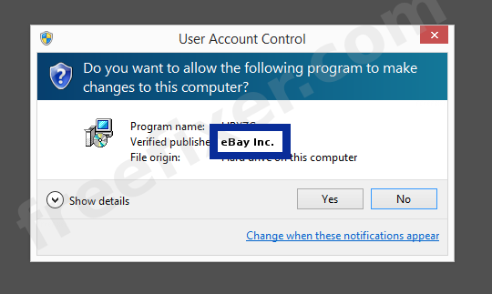 Screenshot where eBay Inc. appears as the verified publisher in the UAC dialog